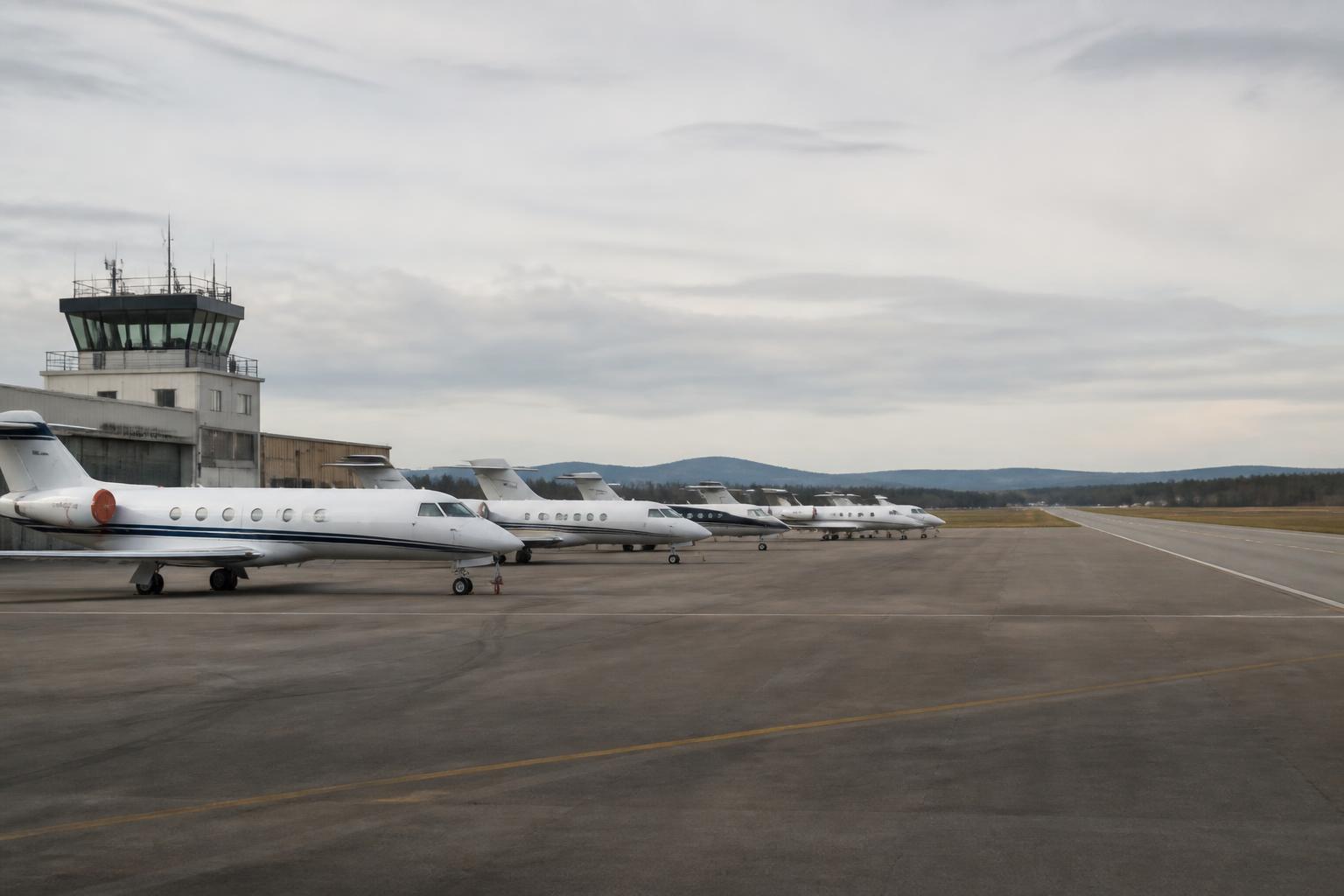 Business jets lined up on an executive airport ramp