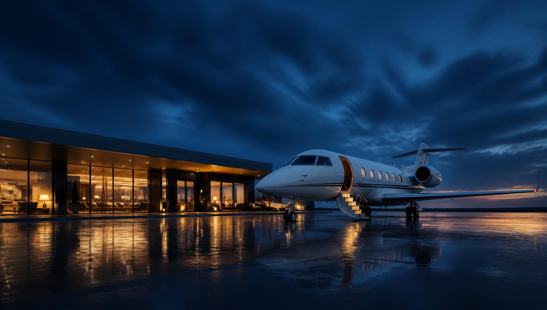 Private jet parked beside a private terminal at dusk