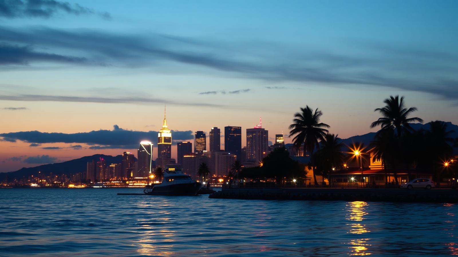 Miami skyline seen from the water at dusk