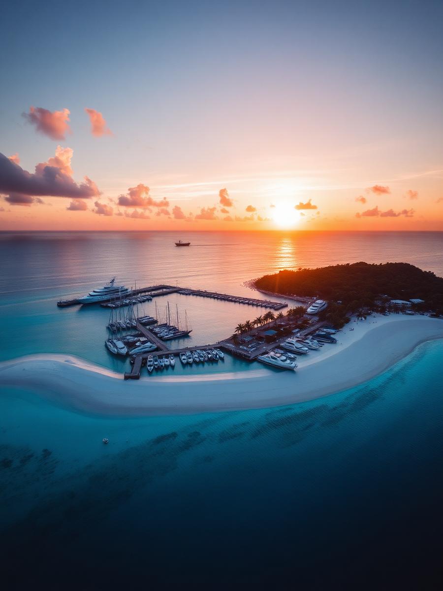 Aerial view of a Caribbean harbour at sunset