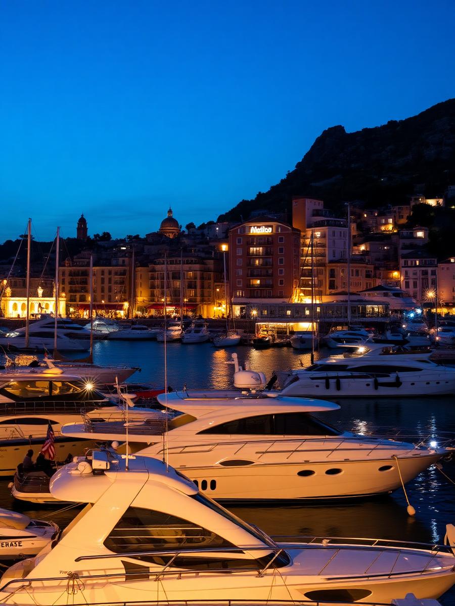 Riviera harbour with yachts illuminated at blue hour