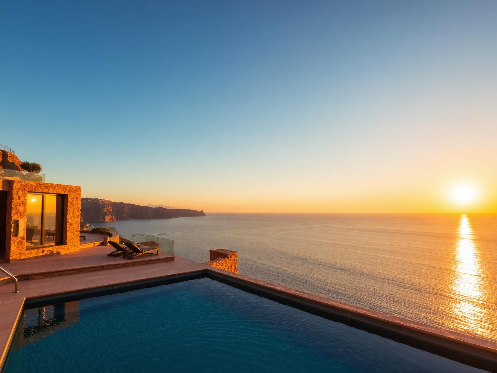 Clifftop villa with an infinity pool at sunset