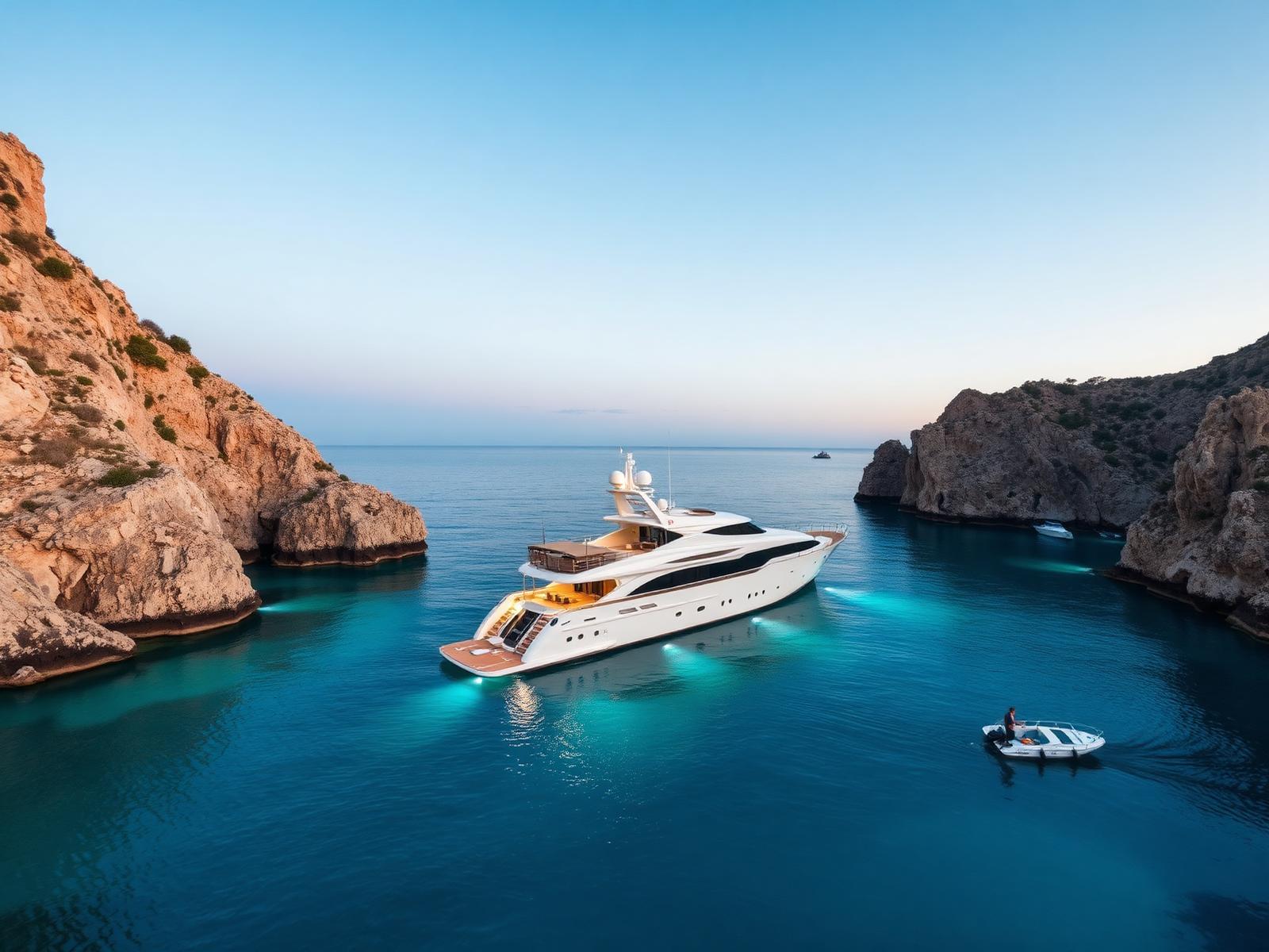 Superyacht anchored in a Mediterranean cove